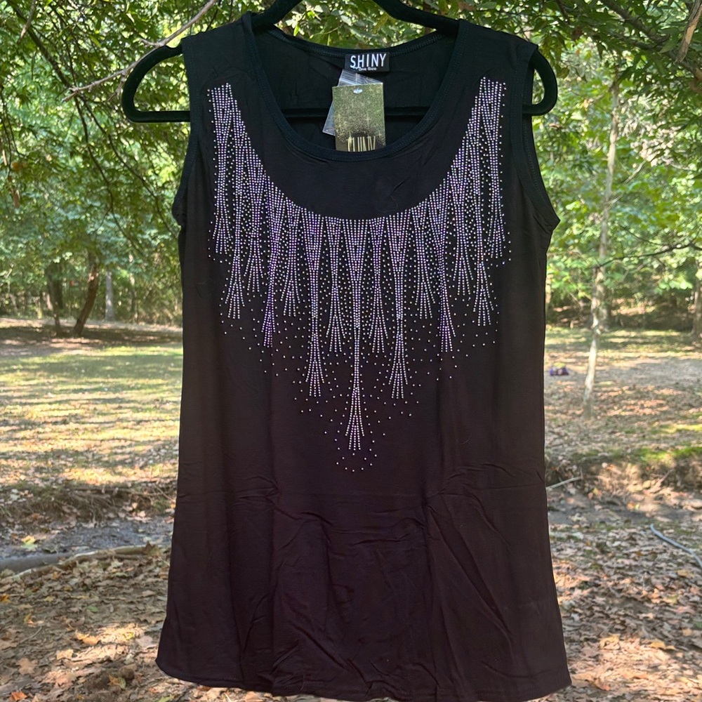 Shiny Black Sleeveless Top with silver Accents